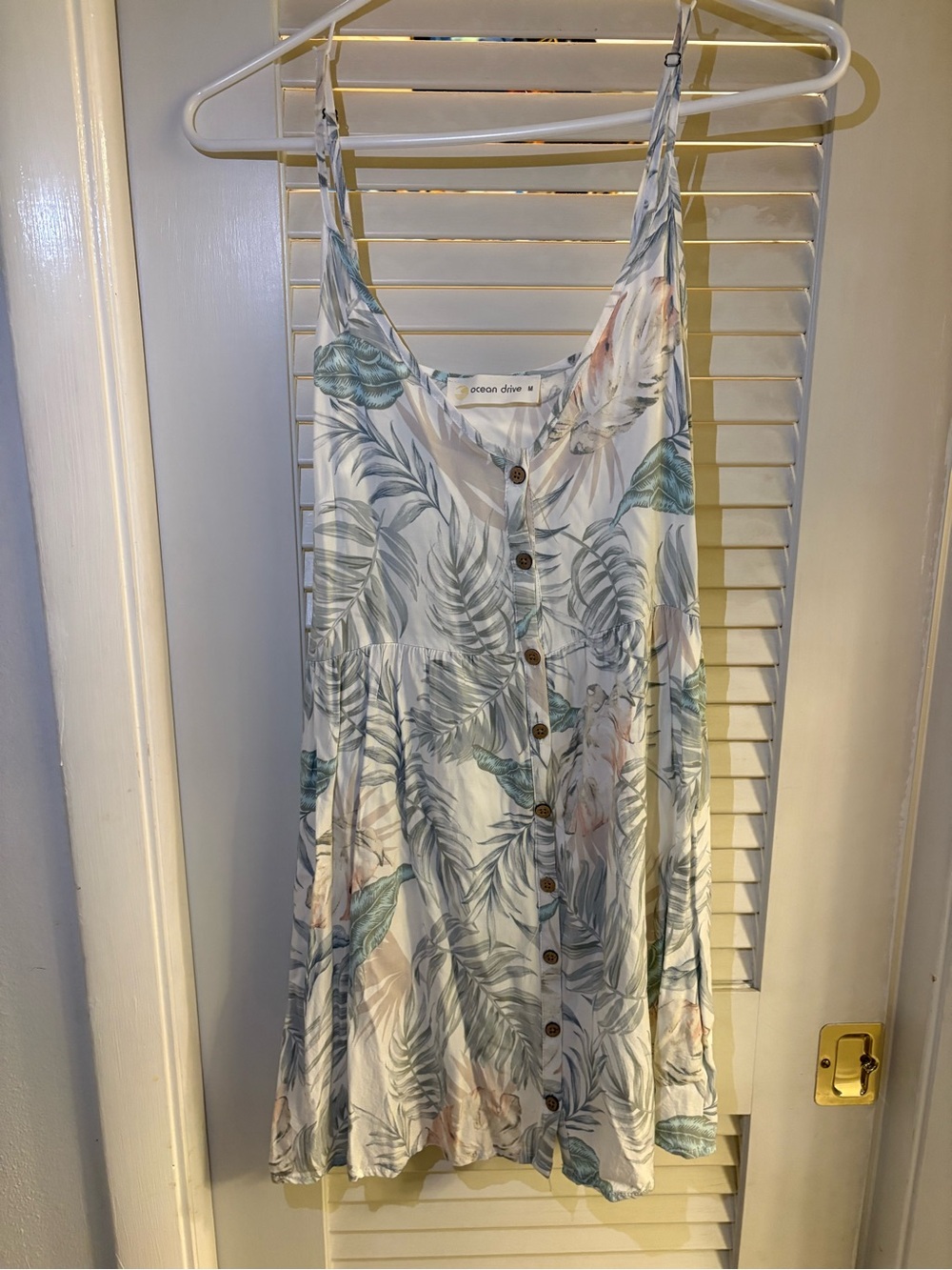 Ocean Drive White Floral Button-Front Mini Dress with Teal & Blush Leaves